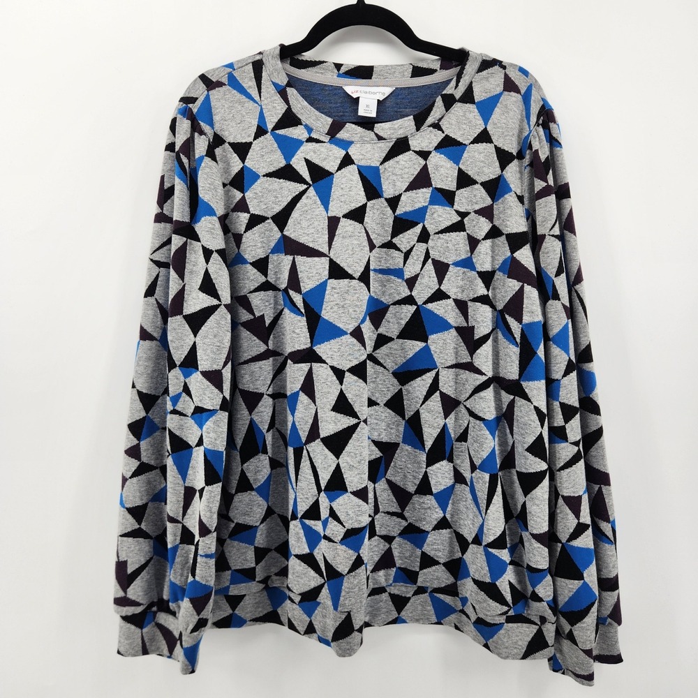 Liz Claiborne Gray, Blue & Black Geometric Crew Neck Blouse Sweater